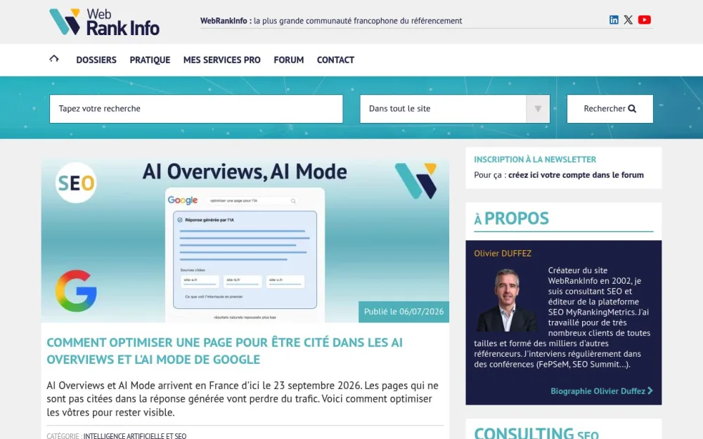 Aperçu du site d'Olivier Duffez, WebRankInfo